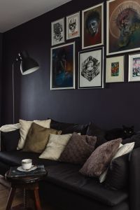 Dark cozy couch with pillows in modern room interior
