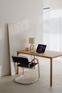 Wooden desk - laptop - home office - minimalist - warm minimal