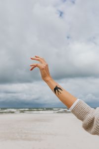 Kaboompics - A woman's hands with a swallow tattoo raised to the sky