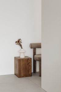Kaboompics - Ceramic vase - side table - walnut wood - marble - books - dried flower - upholstered hair