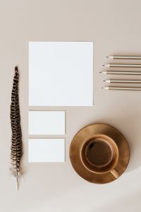 Kaboompics - Blank cards & coffee on beige background