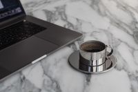 Kaboompics - Arabescato Marble Table - Metal Coffee Cup - Laptop - Computer - Desk - Workspace