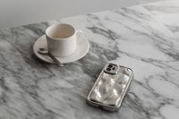 Coffee in a cup - Arabescato marble - Metal spoon - Silver iPhone Case