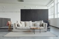 Living room with comfortable linen sofa - wooden table - carpet - pillows