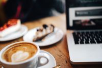 Kaboompics - Coffee with Heart Shape, cake, Macbook Laptop