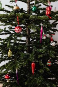 Christmas Baubles Hanging on Christmas Tree