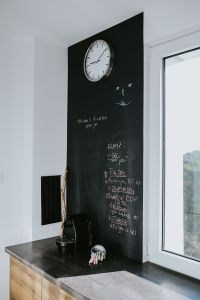 Kitchen clock with a daily schedule on a blackboard