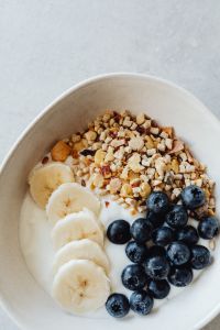 Breakfast - yogurt - muesli - blueberries - banana
