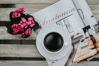 Kaboompics - Little pink flowers with a coffee and a magazine