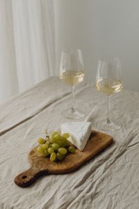 Kaboompics - Lunch With Bread - White Wine - Olives - Butter - Camembert Cheese