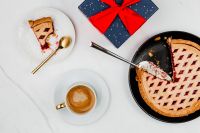 Kaboompics - Fresh baked blueberry pie, cup of coffee & Christmas gift