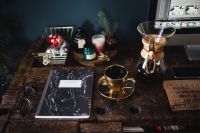 Kaboompics - Notebook, cup of coffee, glasses, Chemex