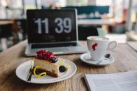 Kaboompics - Macbook, iPhone, Magazine, Cheese Cake and Cup of Coffee