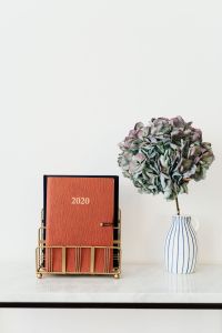 Planner on The White Marble Table, White Background, HYDRANGEA