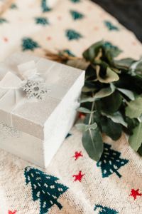 Kaboompics - White decorative gift box and eucalyptus twigs on a blanket