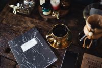 Kaboompics - Notebook, cup of coffee, glasses, Chemex, keyboard, iPhone