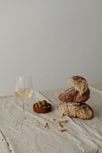Kaboompics - Lunch With Bread - White Wine - Olives - Butter - Camembert Cheese