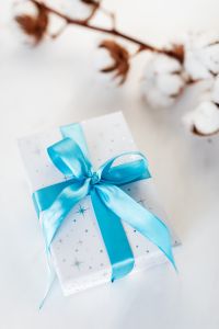 Kaboompics - Christmas gift, blue ribbon, cotton branch