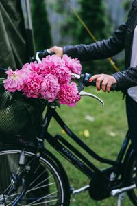 Kaboompics - Woman holding a bicycle with beautiful pink flowers in the basket
