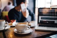 Kaboompics - Top View, Coffee with Heart Shape, cake, Macbook Laptop, Man