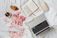 Kaboompics - Pink rosses - coffee - laptop - book - glasses