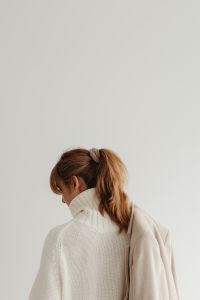 Kaboompics - Woman in white sweater - beige wool jacket
