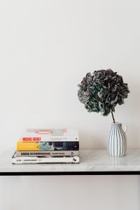 Books On Marble Table, White Background, Hydrangea
