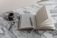 Coffee in a steel cup - Calendar - Arabescato marble - Metal spoon - Silver Pen