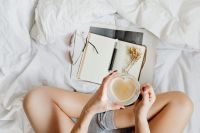 Kaboompics - Notepad - Glasses - Bedding - Coffee