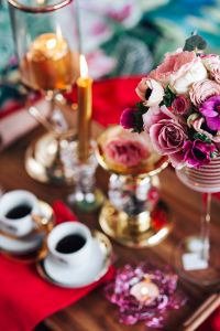 Valentine's Day Breakfast in Bed: Coffee, flowers, tray