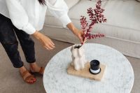 Kaboompics - Marble round table - linen sofa - beige - living room - vase - candle - dries - Asian adult woman