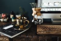 Cup of coffee, Chemex, keyboard, notebook
