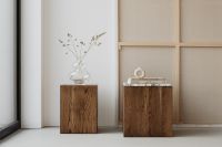 Kaboompics - Glass vase -side table - cubicle - walnut wood - pedestal - upholstered armchair