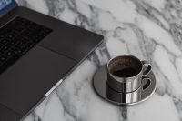 Kaboompics - Arabescato Marble Table - Metal Coffee Cup - Laptop - Computer - Desk - Workspace