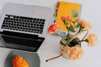 MacBook laptop & orange Dianthus (carnation or clove pink) flowers on desk