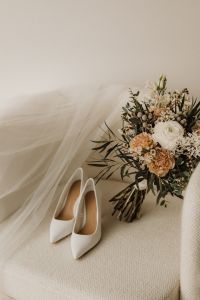 Kaboompics - Wedding white heeled shoes - bouquet of flowers - veil