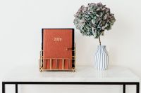 Kaboompics - Planner on The White Marble Table, White Background, HYDRANGEA