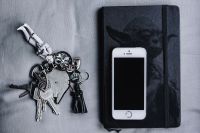 Kaboompics - iPhone, Moleskin notebook, keys