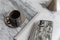 Metal desk lamp - coffee in a steel cup - Calendar - Arabescato marble - Silver Phone Case
