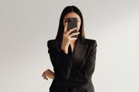 Dark Classy Aesthetic Fashion - Beautiful Asian Female Entrepreneur in Black Suit - Technology and Devices - iPhone - Laptop - AirPods
