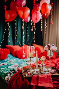 Valentine's Day Breakfast in Bed: Coffee, flowers, tray, balloons
