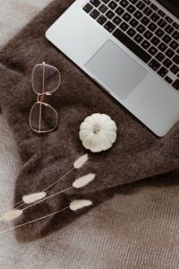 Kaboompics - Laptop, glasses & small white pumpkin