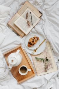 Kaboompics - Books - Coffee - Croissant - Glasses