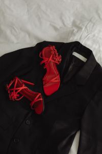 Sophisticated Style - Red High Heel Sandals and Black Blazer Ensemble
