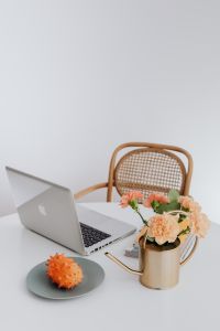 MacBook laptop & orange Dianthus (carnation or clove pink) flowers on desk, kiwano fruit