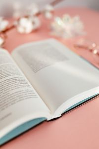 Kaboompics - An open book, a cotton branch on a pink background