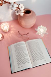 Kaboompics - An open book, candles, cotton branch and glasses on a pink background
