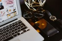 Kaboompics - Elegant home office with golden accessories. MacBook, iPhone X, watch